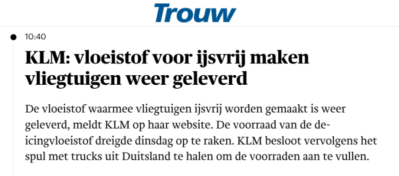 Kop Trouw KLM: vloeistof voor ijsvrij maken vliegtuigen weer geleverd