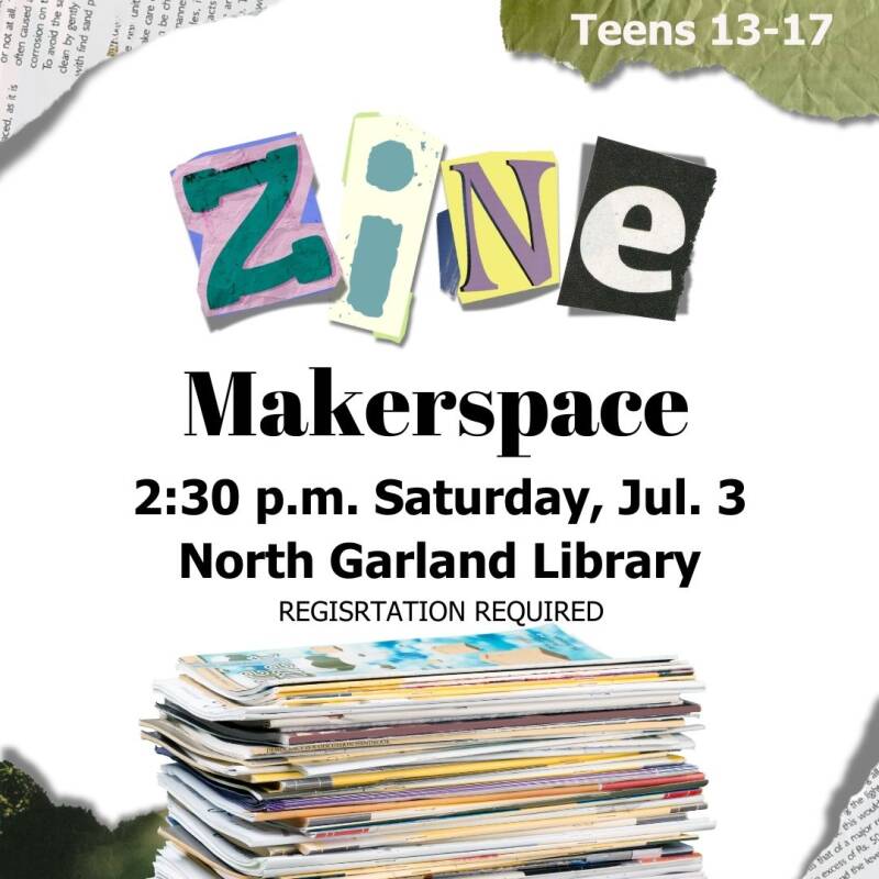 Magazine stack. magazin clippings spell out zine makerspace.