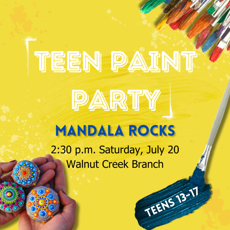flyer for mandala rock craft. Hands holding mandala rocks. paintbrushes. 