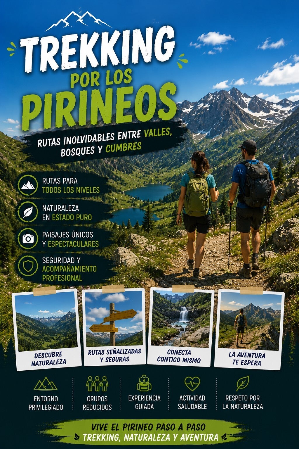 Trekking en los Pirineos - paisajes de montaña y senderistas
