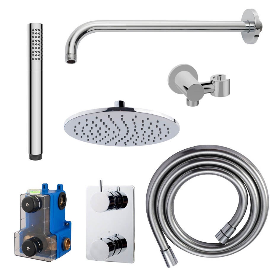 Wiesbaden "Caral" inbouwthermostaat compleet met hoofddouche 30 cm, staafhanddouche, doucheslang en -arm Chroom