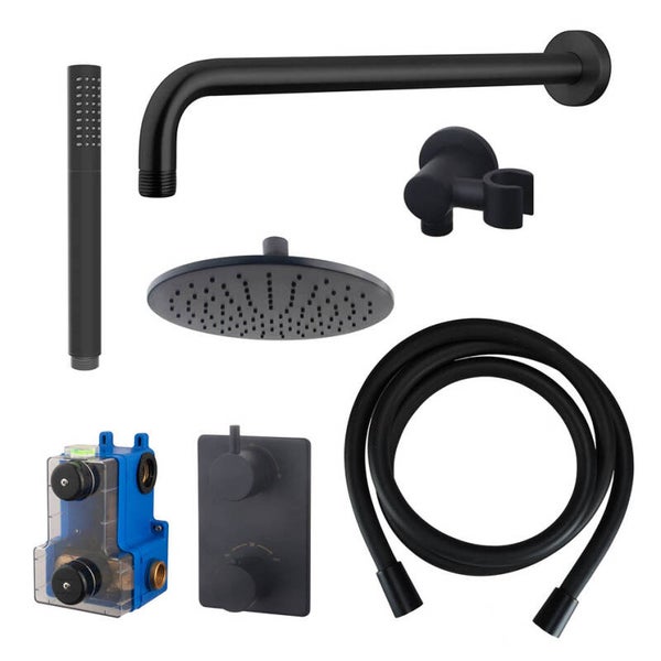 Wiesbaden "Caral" inbouwthermostaat compleet met hoofddouche 30 cm, staafhanddouche, doucheslang en -arm Mat-zwart