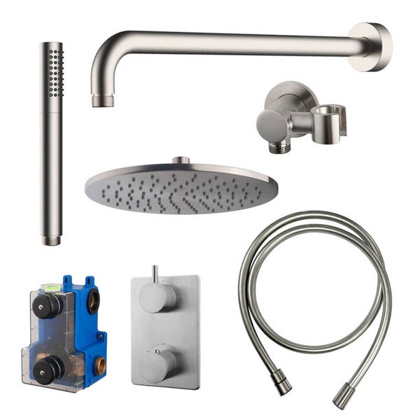 Wiesbaden "Caral" inbouwthermostaat compleet met hoofddouche 25 cm, staafhanddouche, doucheslang en -arm Geborsteld staal