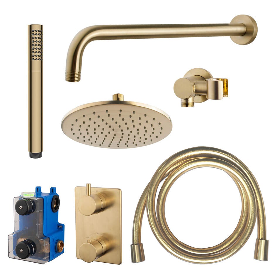 Wiesbaden "Caral" inbouwthermostaat compleet met hoofddouche 25 cm, staafhanddouche, doucheslang en -arm Geborsteld messing