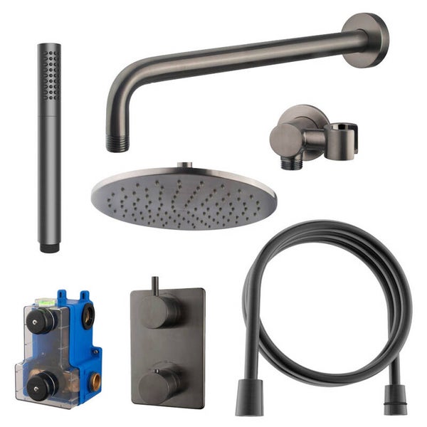 Wiesbaden "Caral" inbouwthermostaat compleet met hoofddouche 30 cm, staafhanddouche, doucheslang en -arm Gunmetal