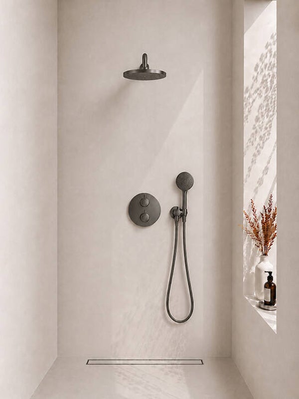 Wiesbaden "Caral" inbouwthermostaat rond compleet met hoofddouche 25 cm en 3 standen handdouche Gunmetal