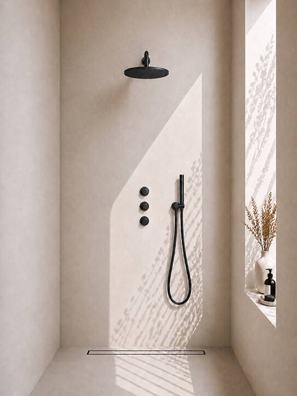 Wiesbaden "Caral" inbouwthermostaat 2 stopkranen compleet met hoofddouche 30 cm en staafhanddouche Mat-zwart