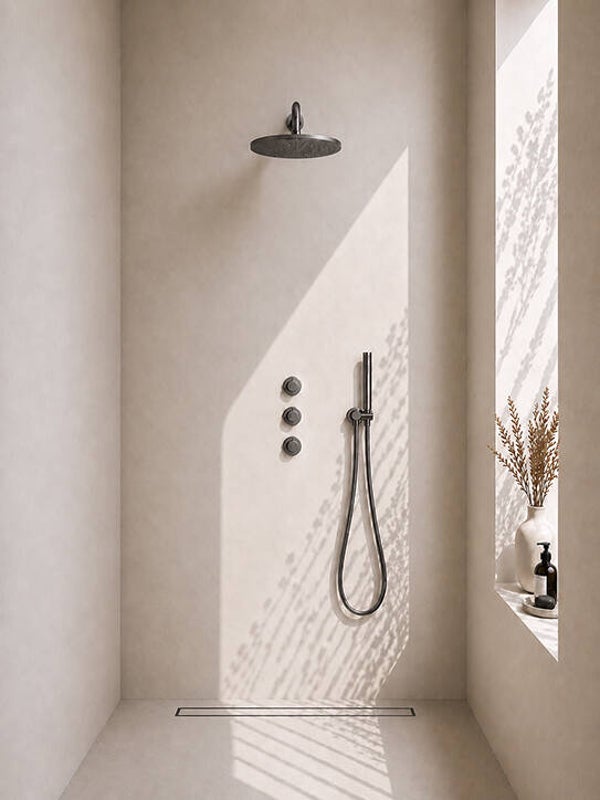 Wiesbaden "Caral" inbouwthermostaat 2 stopkranen compleet met hoofddouche 30 cm en staafhanddouche Gunmetal