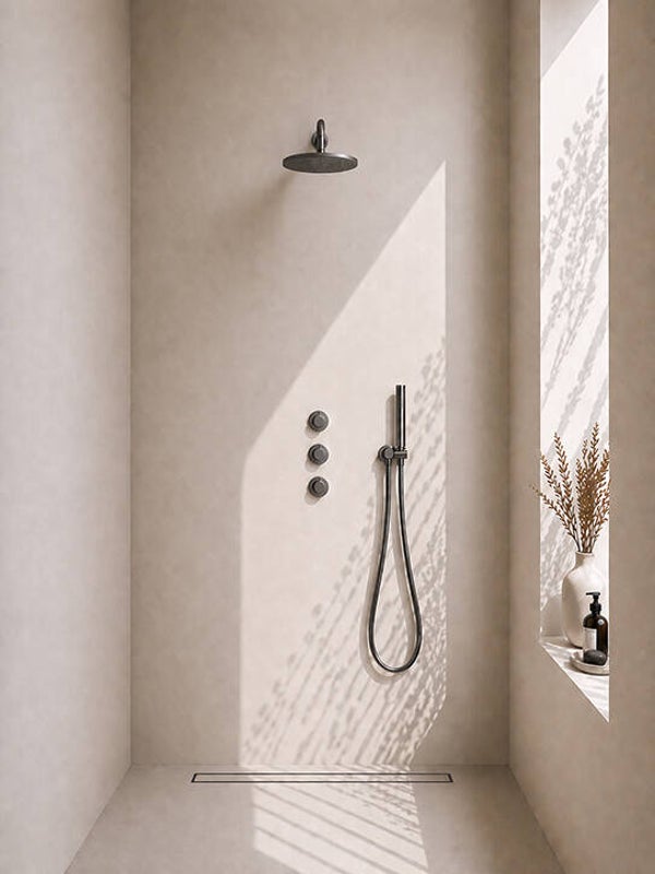 Wiesbaden "Caral" inbouwthermostaat 2 stopkranen compleet met hoofddouche 25 cm en staafhanddouche Gunmetal