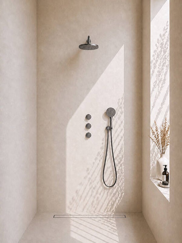 Wiesbaden "Caral" inbouwthermostaat 2 stopkranen compleet met hoofddouche 25 cm en 3 standen Gunmetal