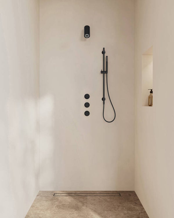 Wiesbaden "Caral" inbouwthermostaat 2 stopkranen compleet met Beam hoofddouche glijstang en staafhanddouche Mat-zwart