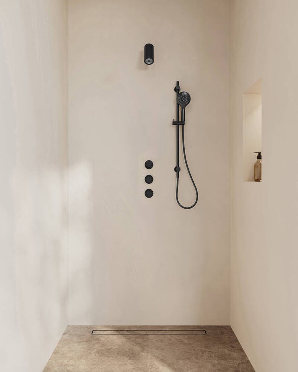 Wiesbaden "Caral" inbouwthermostaat 2 stopkranen compleet met Beam hoofddouche glijstang en 3 standen handdouche Mat-zwart