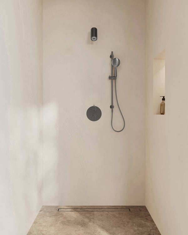 Wiesbaden "Caral" inbouwthermostaat 2 weg rond compleet met Beam hoofddouche en 3 standen handdouche Gunmetal
