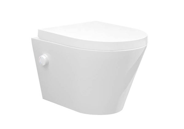 Wiesbaden "Vesta" wandcloset rimless met bidetkraan warm/koud water met Vesta toiletzitting Glans-wit