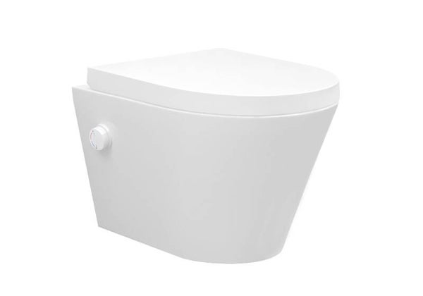 Wiesbaden "Vesta" wandcloset rimless met bidetkraan warm/koud water met Vesta toiletzitting Mat-wit