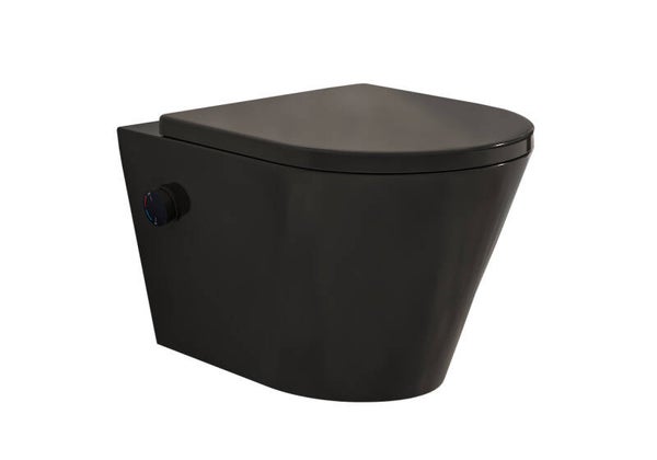 Wiesbaden "Vesta" wandcloset rimless met bidetkraan warm/koud water met Shade slim toiletzitting Mat-zwart