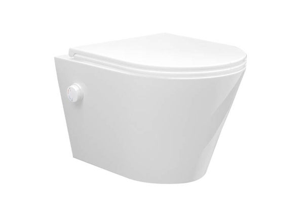 Wiesbaden "Vesta" wandcloset rimless met bidetkraan warm/koud water met Flatline toiletzitting Glans-wit