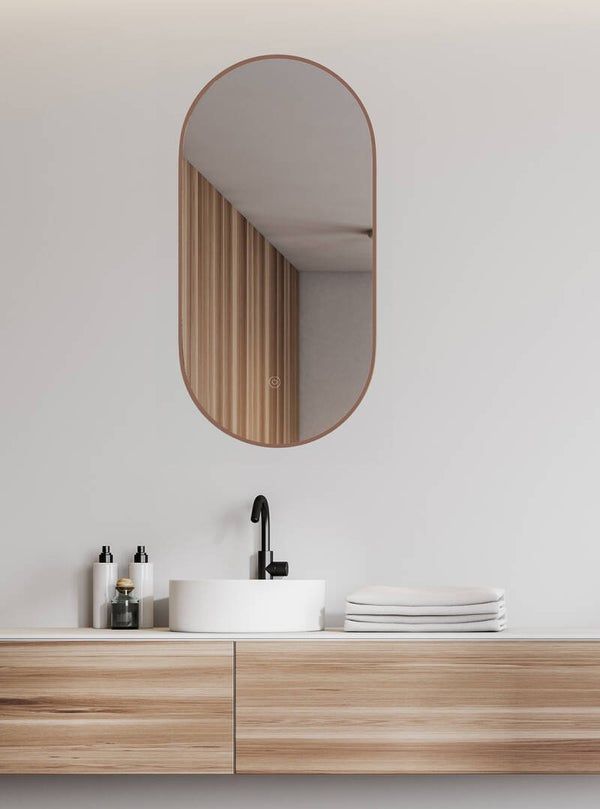 Wiesbaden "Nomi" spiegel met lijst ovaal met LED, dimbaar en spiegelverwarming 50 x 100 cm Geborsteld brons koper