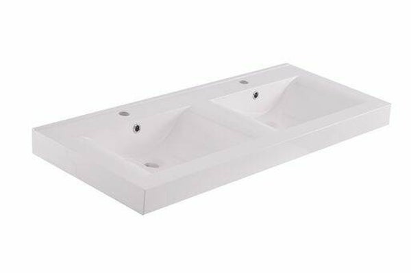Wiesbaden "tigris" wastafel dubbel met 2 kraangaten 120x46x8 cm kunstmarmer glans wit