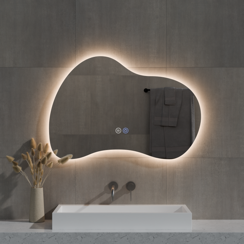 Best-Design "Strange" organische spiegel incl. verwarming, 3 kleuren LED verlichting, dimbaar 120x70 cm