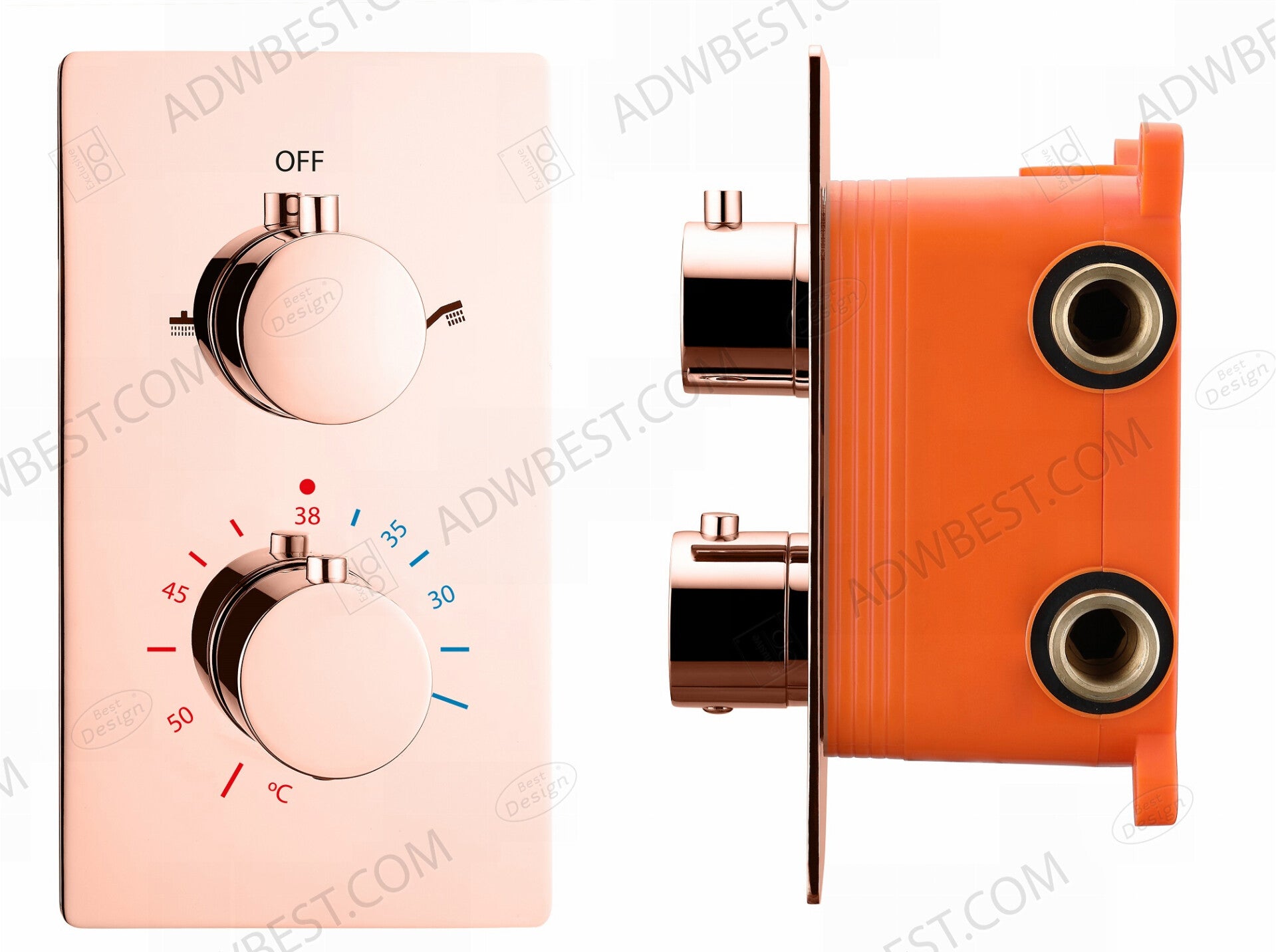 Best-Design "Lyon" inbouwthermostaat & inb.box 2-weg 1/2" Rosé-mat-goud