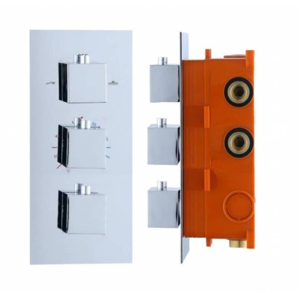 Best-Design "Sano" inbouw thermostaat & Inb.box 3 weg 1/2" vierkante knoppen Chroom