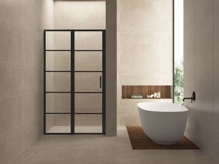 Wiesbaden "Horizon" nisdeur met vast paneel 130 cm 8 mm Nano Mat-zwart