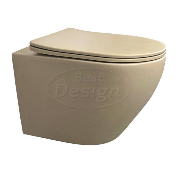 Best-Design "Morrano-49-Zonder-Spoelrand" wandcloset blinde bevestiging incl. zitting Mat-khaki