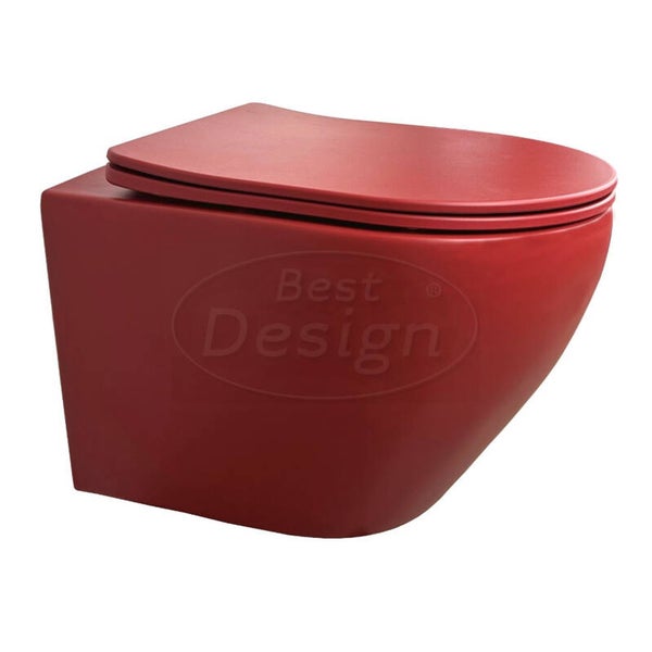 Best-Design "Morrano-49-Zonder-Spoelrand" wandcloset blinde bevestiging incl. zitting Mat-donkerrood