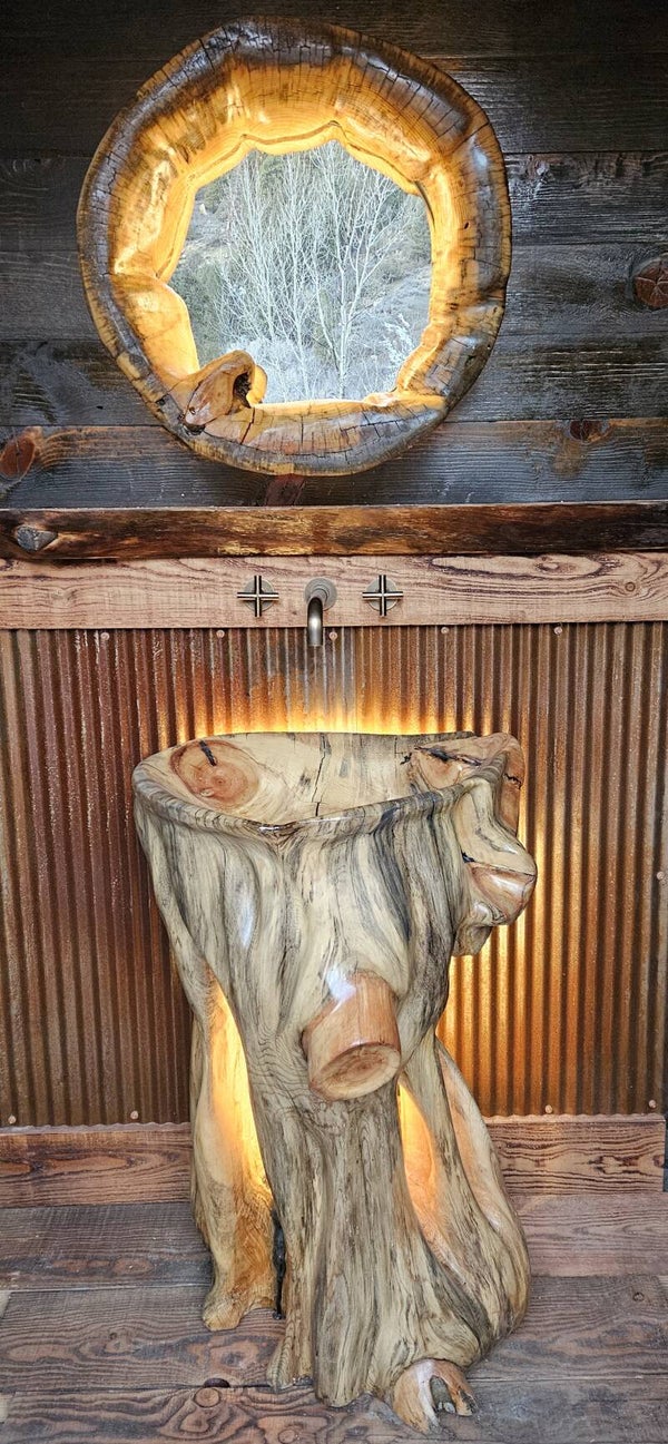 Hand Carved Log Slice Backlit Bath Mirror