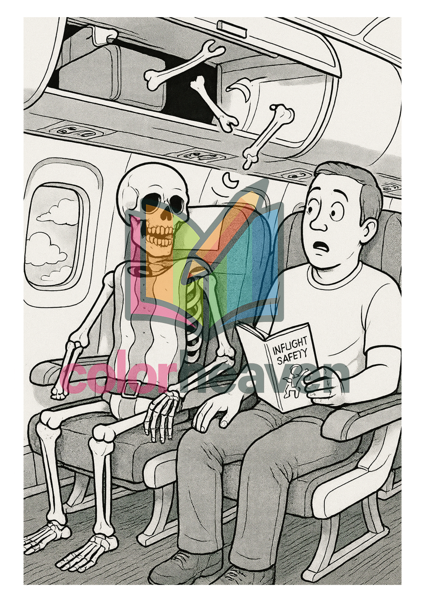 Skeleton on the airplane coloring page