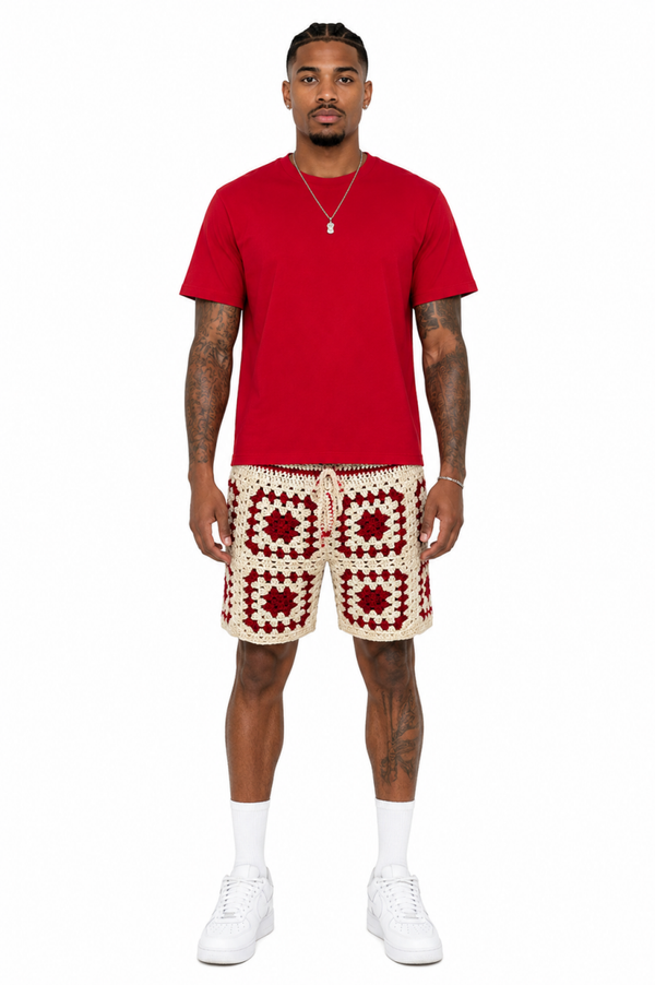Red and Cream Granny Square Shorts
