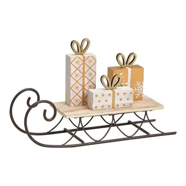 Slee met geschenkverpakking, hout/metaal goud