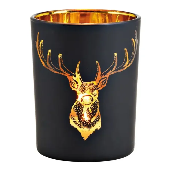 Windlicht hert decor van glas zwart, goud