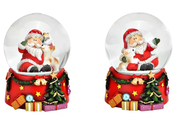 Sneeuwbol kerstman met hond, poly, glas gekleurd 2-voudig,
