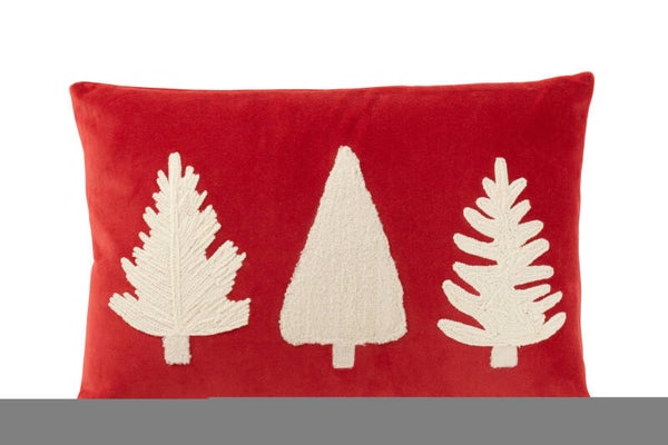 Kussen Rechthoek Kerstbomen Textuur Velours Rood/Wit