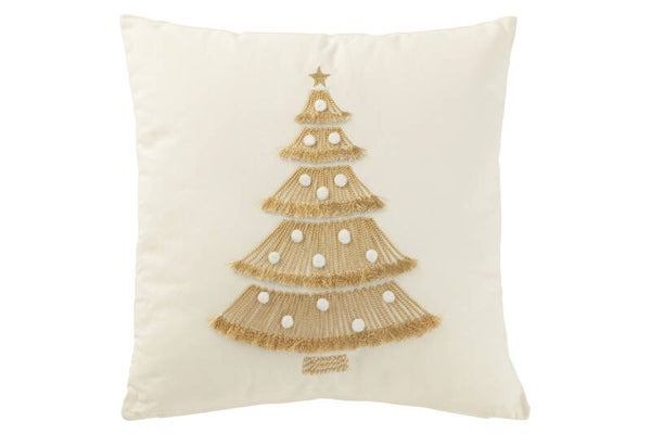Kussen Kerstboom Franjes+Pompoms Katoen Wit/Goud