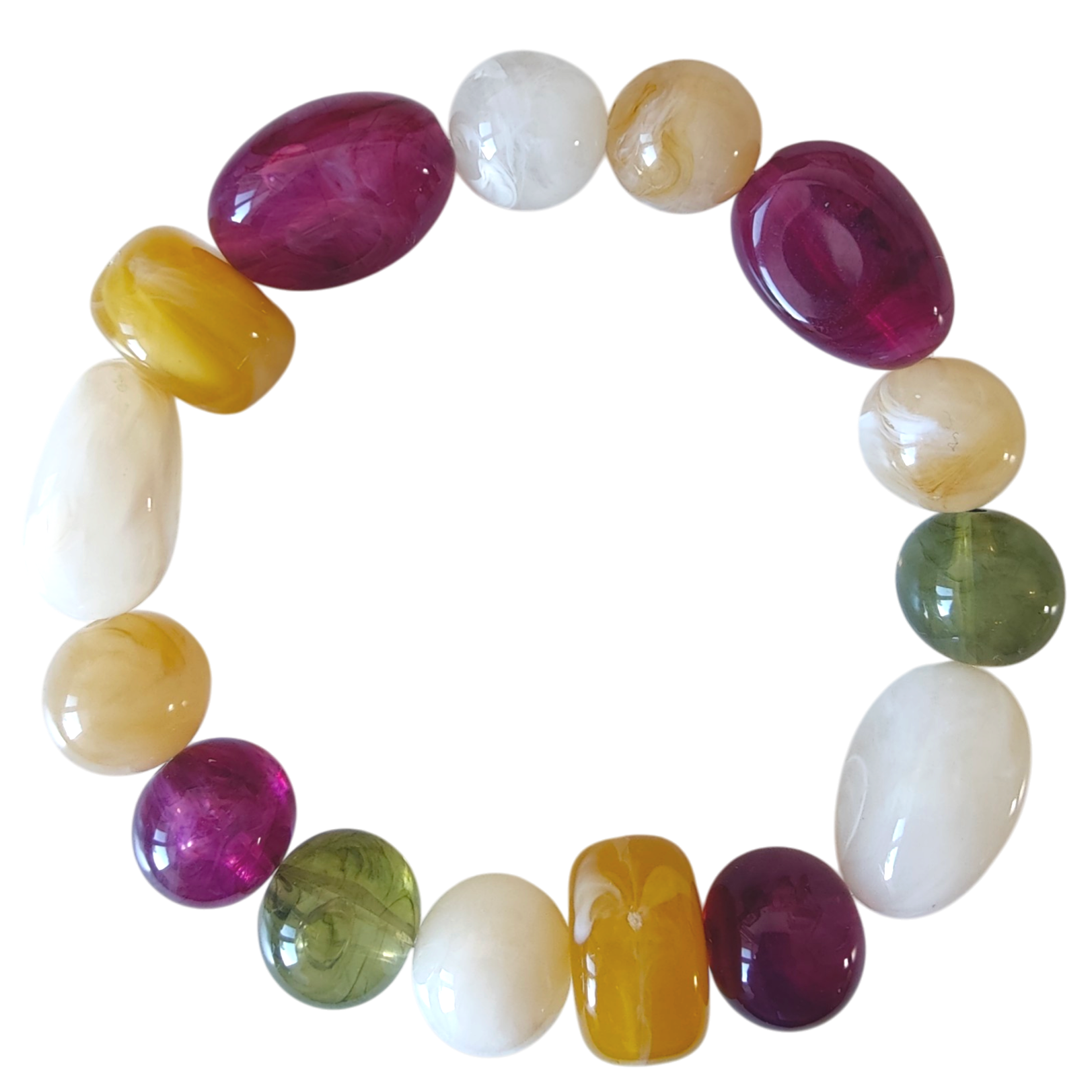 Armband grote kraal paars/groen/beige