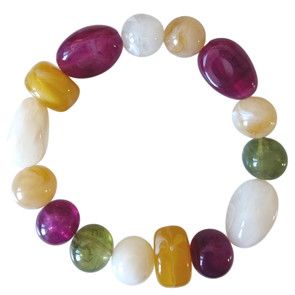 Armband grote kraal paars/groen/beige