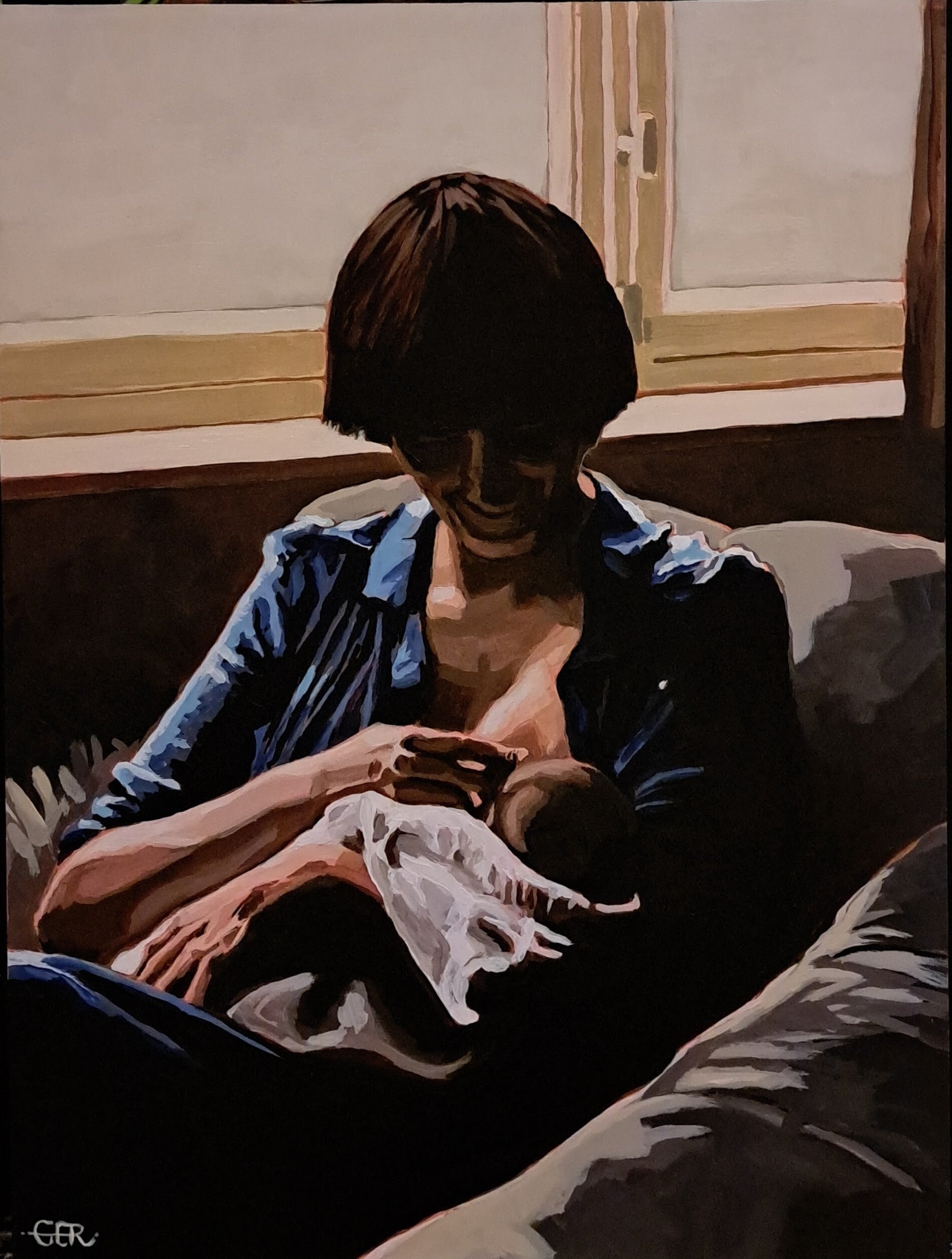 painting of a mother feeding baby with a window in the background