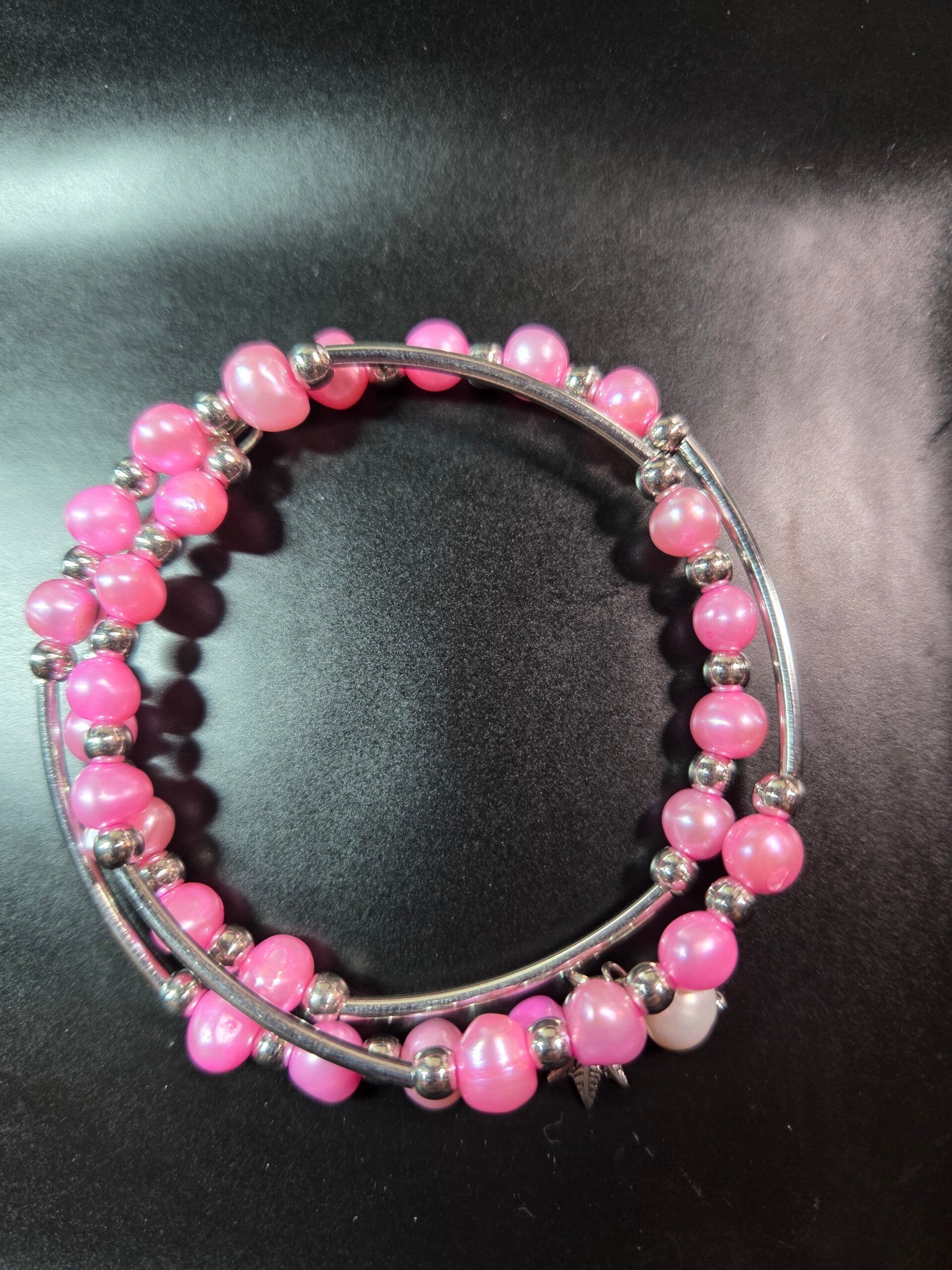 Pink Freshwater Pearl Double Wrap Stainless Steel Bracelet