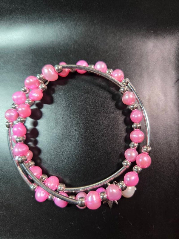Pink Freshwater Pearl Double Wrap Stainless Steel Bracelet
