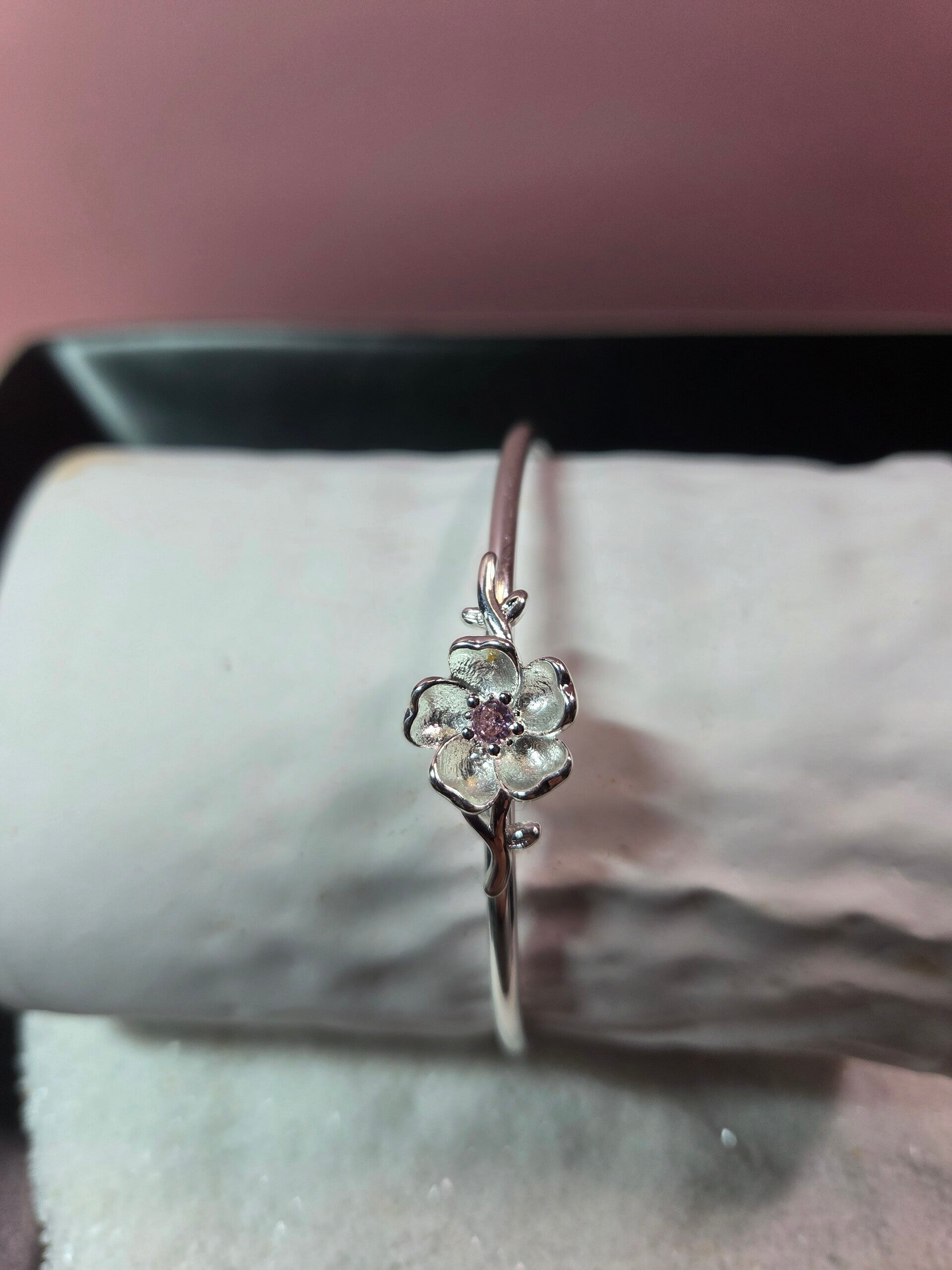 Sterling Silver Cuff Bracelet with CZ Pink Stone