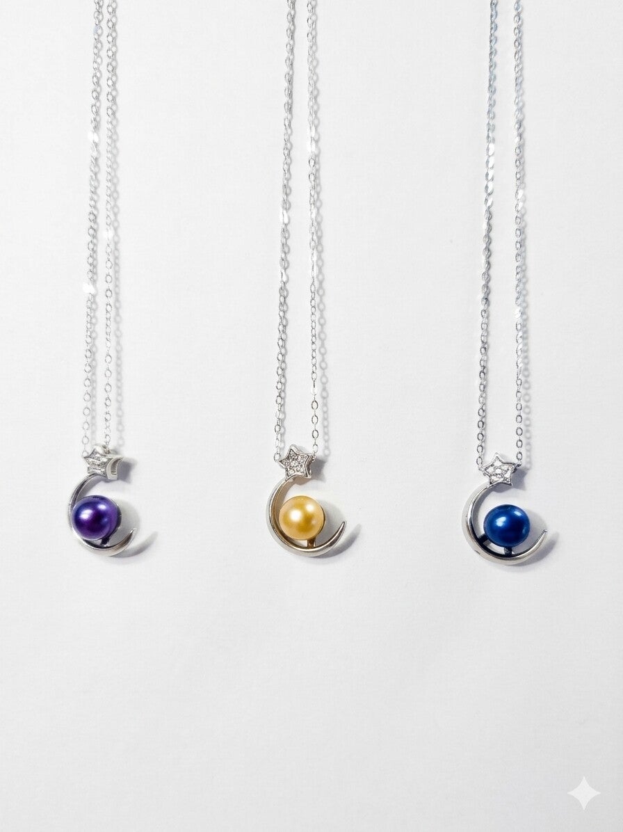 Sterling Silver Moon & Star Necklace/3 colors only