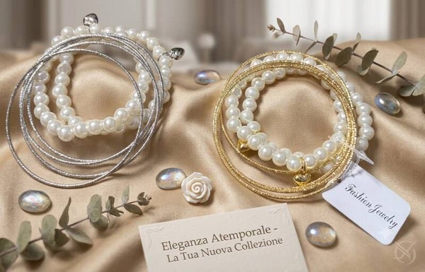 Bracciali in metallo e perle con cuori 2 colori