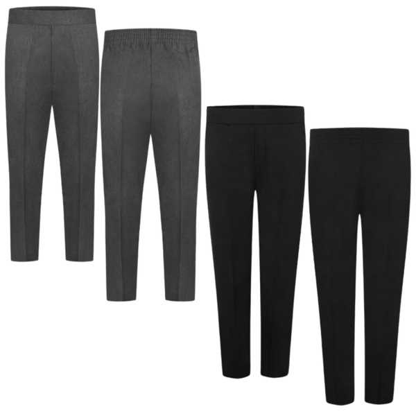 2 Pack BOYS Pull-Up Half Elasticated School Trousers - Durable & Long-Lasting