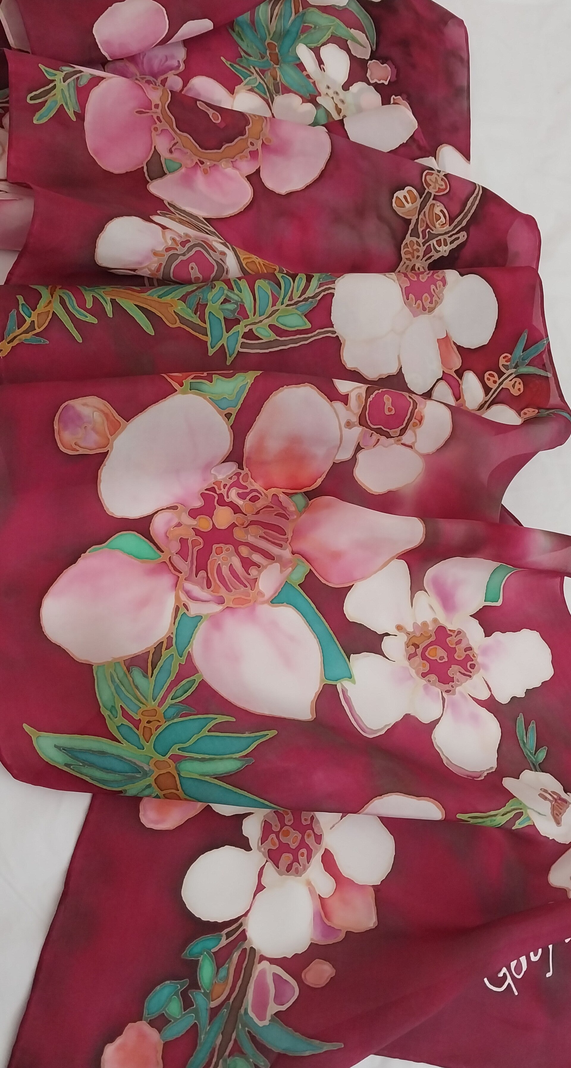 Manuka flower  silk scarves - collection hand-painted by Gabriela Cretu at GC-ArtEscape 