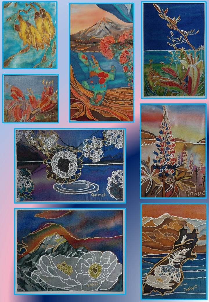 Flowers of New Zealand painted on pure silk bu Ganriela Cretu at GC-ArtEscape
