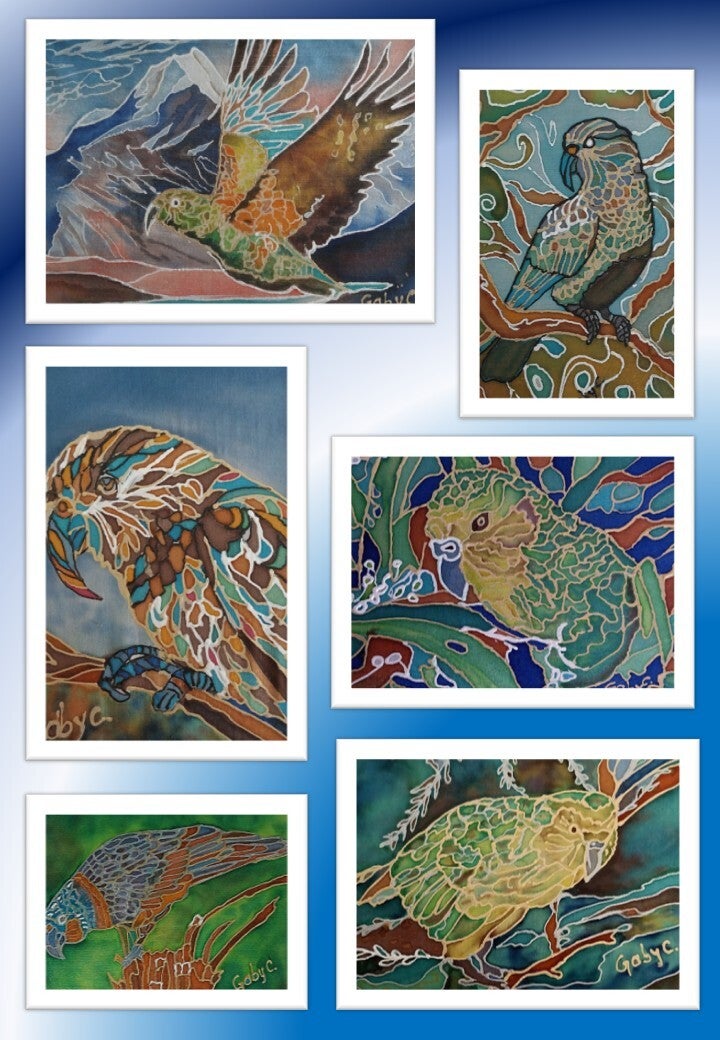 Mountain parrots of New Zealand painted on pure silk by Gabriela Cretu at GC-ArtEscape