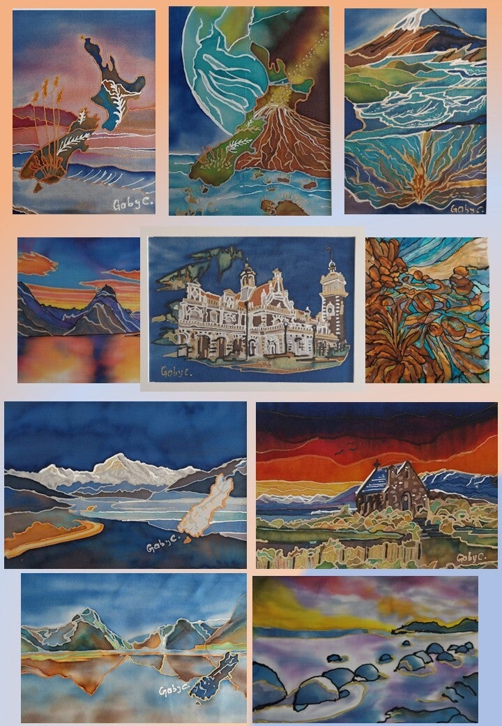 A land forged by Fire and Ice - New Zealand painted on pure silk by Gabriela Cretu at GC-ArtEscape